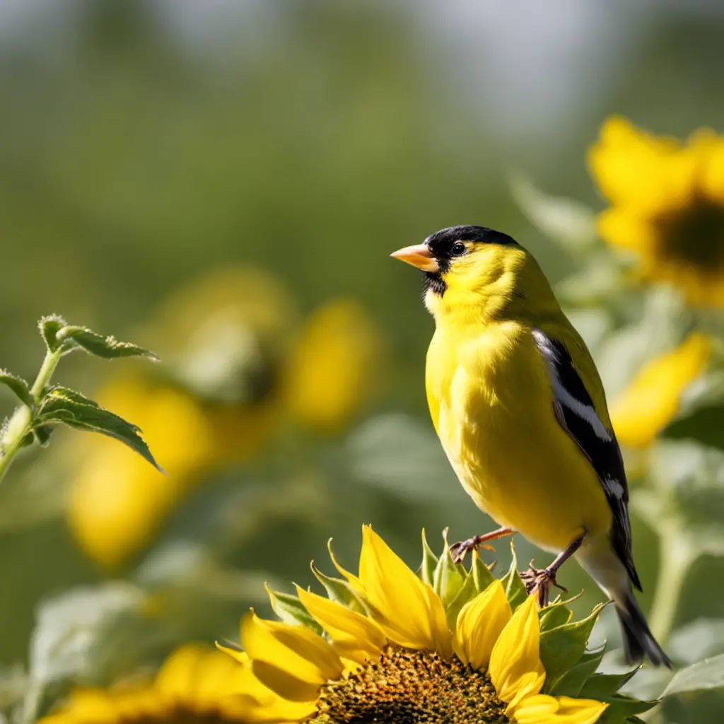 An image capturing the vibrant essence of American Goldfinches, their striking yellow plumage shimmering under the sunlight, as they gracefully perch on a sunflower, indulging in its seeds