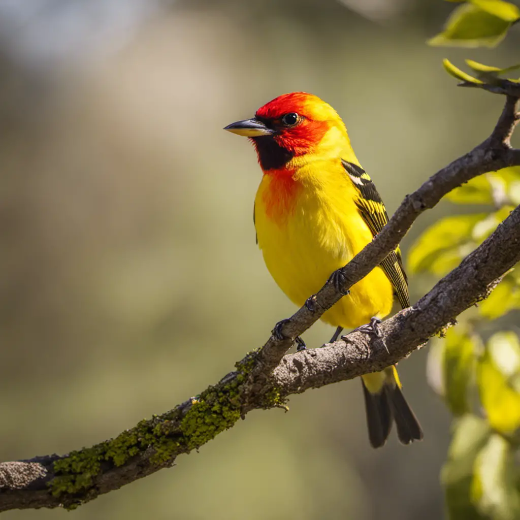 An image of a vibrant Western Tanager perched on a branch, its yellow-breasted plumage glowing in the sunlight