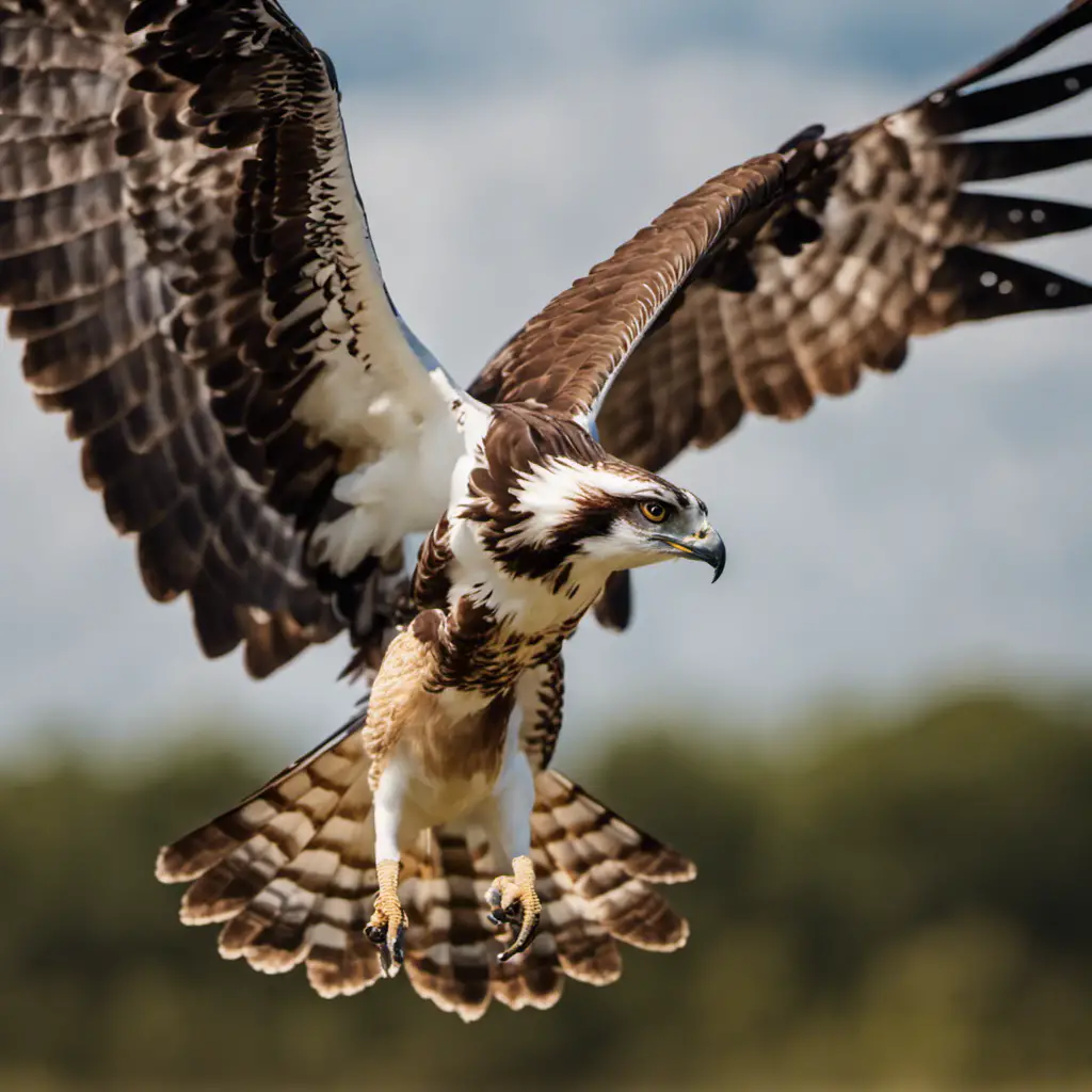 An image capturing the majestic Osprey in action: A fierce and focused bird of prey, with powerful wings outstretched, soaring above the Texan landscape, its sharp talons poised to strike its prey below