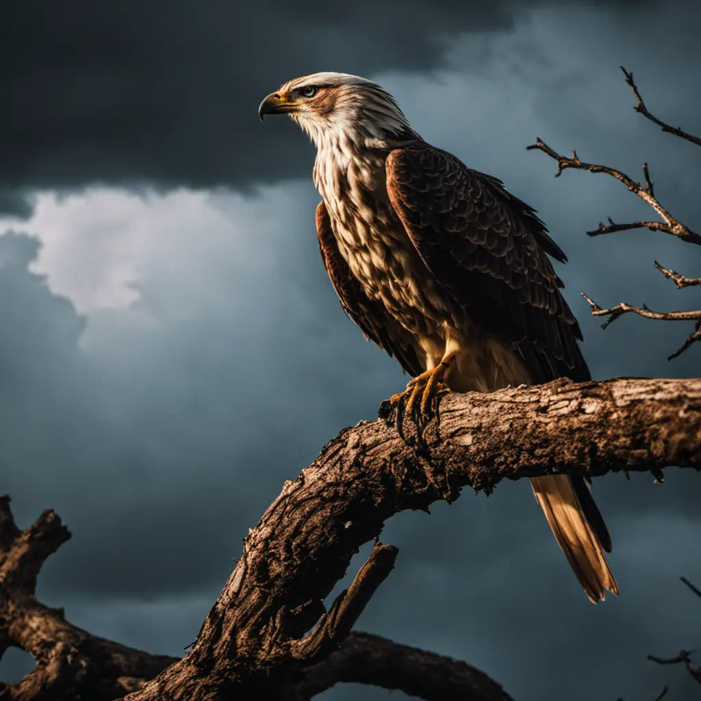 An image capturing the intensity of a Texas summer storm, with ominous dark clouds looming overhead, lightning striking in the distance, and a majestic bird of prey perched on a fragile tree branch