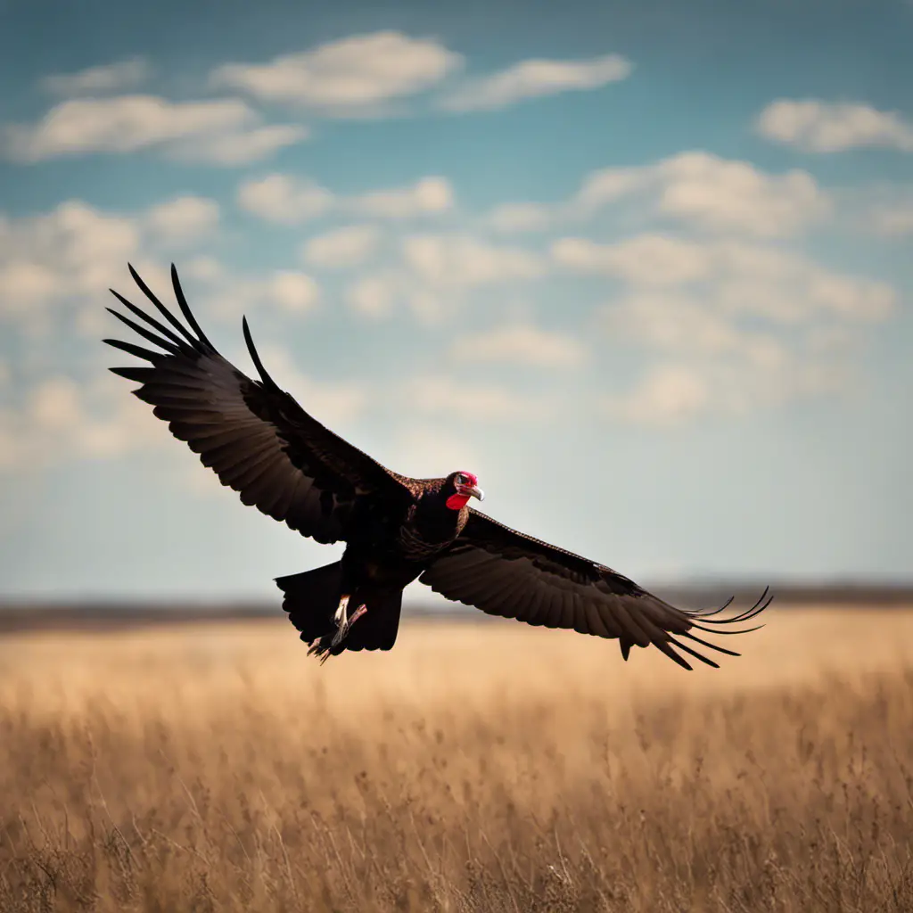 An image capturing the majestic sight of a Turkey Vulture soaring above Texas' vast, sun-kissed plains, its dark, feathered wings extended gracefully against the azure sky, while its bald red head scans the earth below