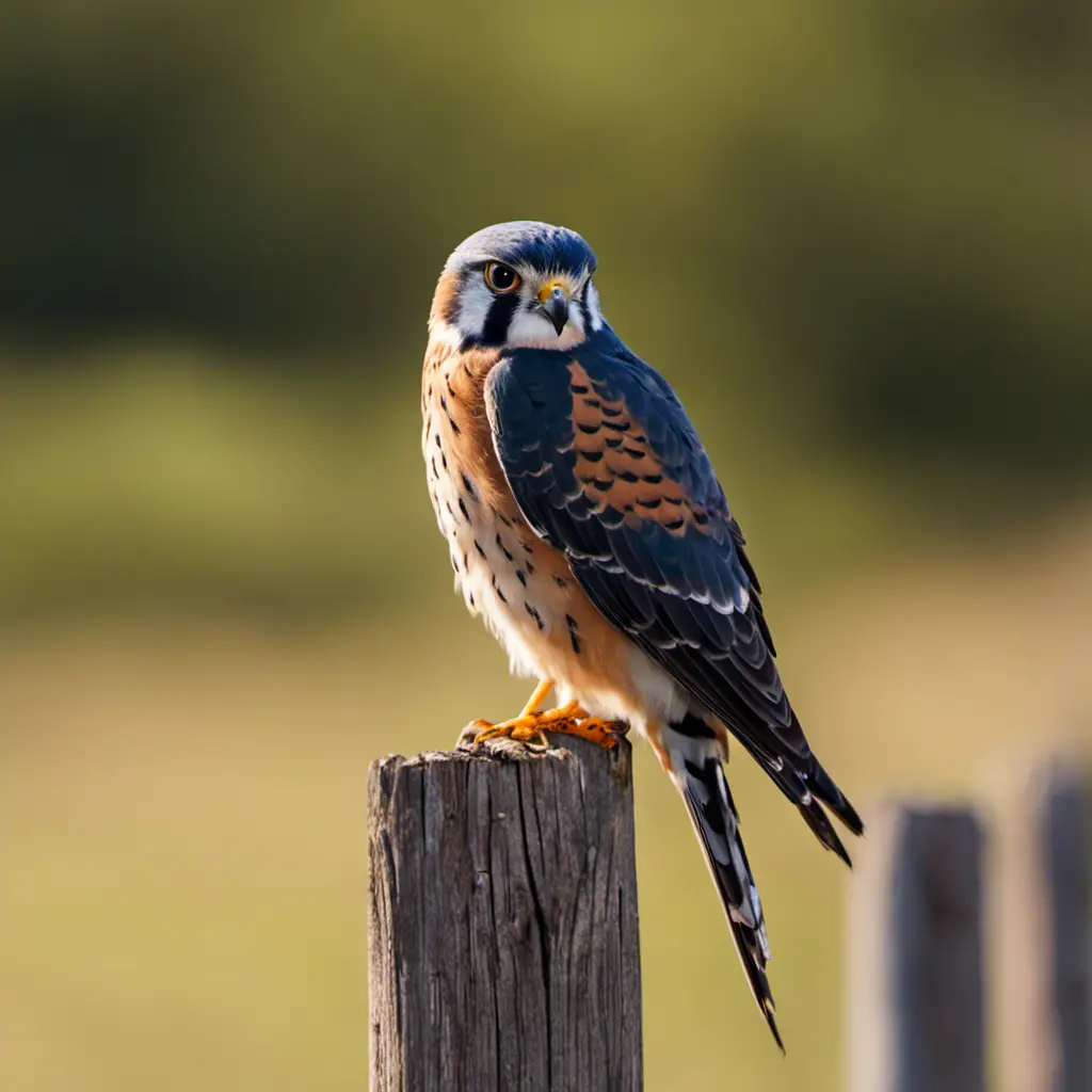 An image capturing the vibrant plumage of a male American Kestrel perched on a weathered fence post, its eyes sharply focused on the Texas landscape, symbolizing the fierce beauty of Birds of Prey in the Lone Star State