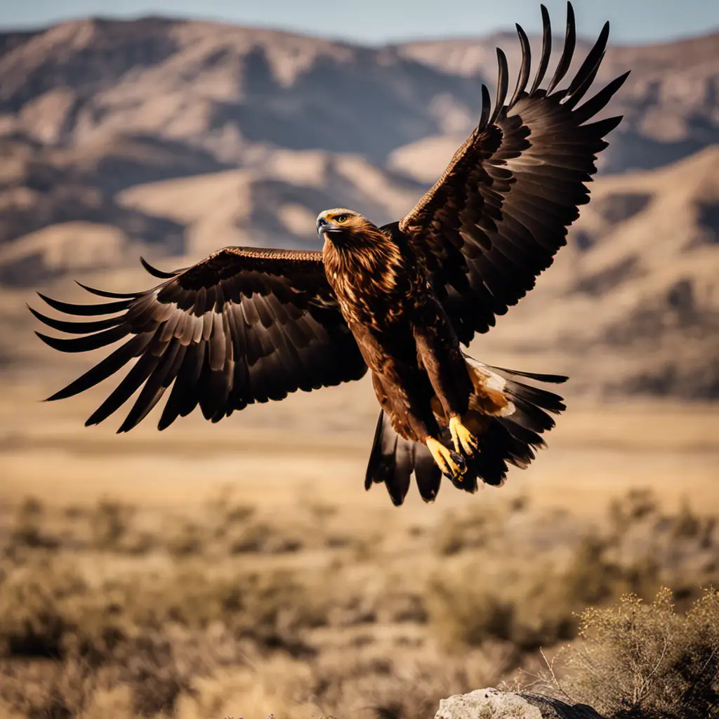 An image capturing the majestic presence of a Golden Eagle soaring over the vast Texan landscape, its golden-brown plumage shining against a backdrop of rugged mountains, symbolizing the untamed spirit of these awe-inspiring Birds of Prey