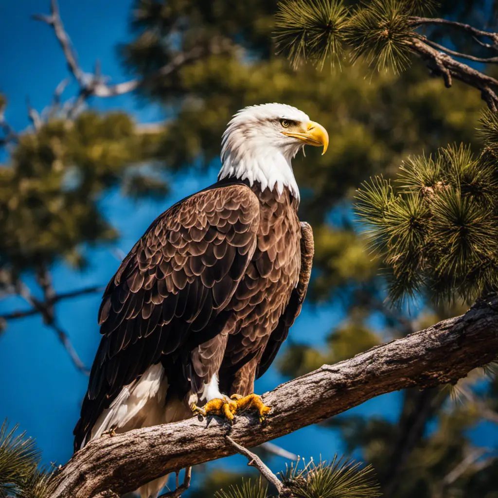 An image that captures the majestic allure of a Bald Eagle in Texas: A proud bird perched atop a towering tree, its snowy head and tail feathers contrasting against a vibrant blue sky