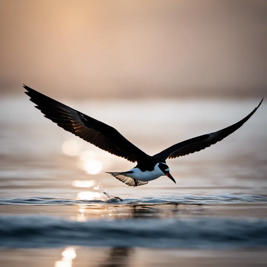 An image capturing the elegant silhouette of a Black Skimmer gliding gracefully above the shimmering waters of Texas