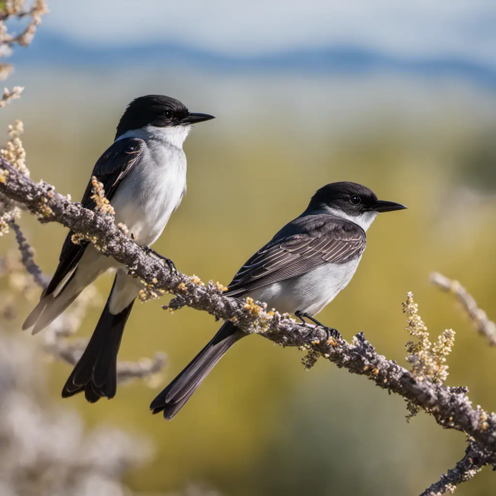 An image capturing the elegant Eastern Kingbird perched on a branch, its glossy black feathers contrasting with its pristine white underbelly, set against the vibrant backdrop of a Texan landscape