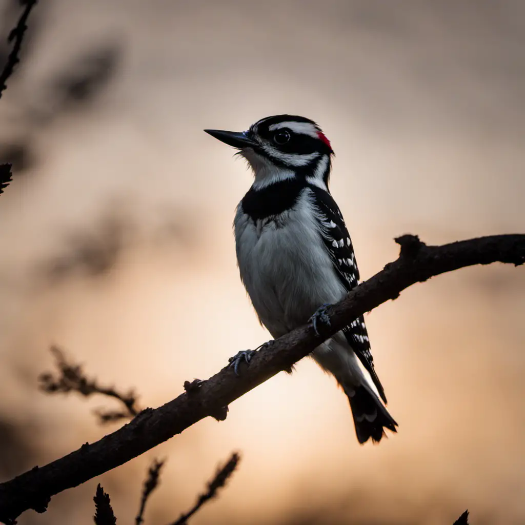 An image capturing the graceful silhouette of a Downy Woodpecker perched on a slender branch, against the backdrop of a Texan sunset
