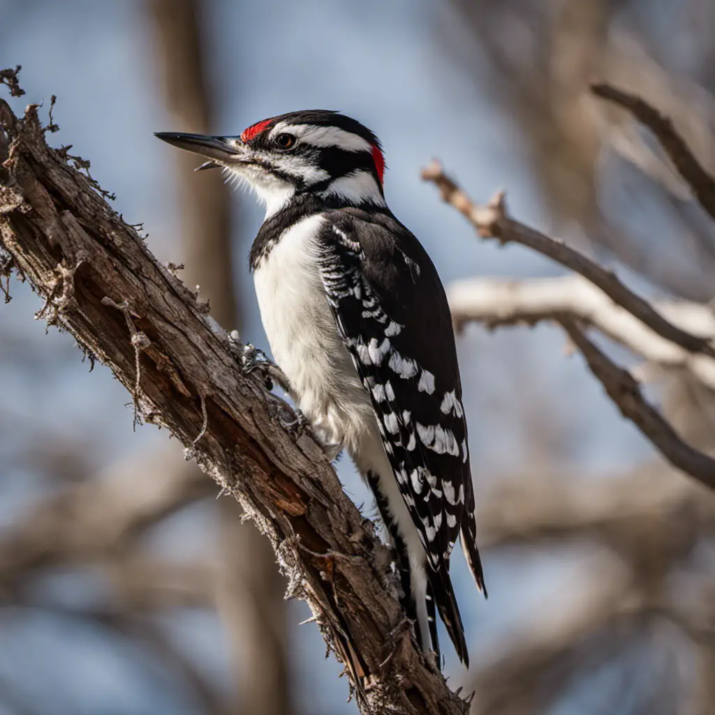An image showcasing a bold Hairy Woodpecker perched on a gnarled mesquite branch, its jet-black feathers contrasting with the stark, white bark