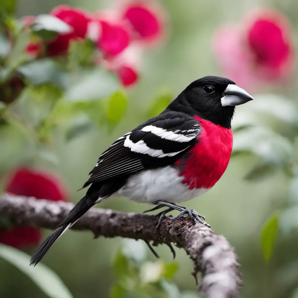 An image capturing the striking contrast of a male Rose-breasted Grosbeak perched on a branch against a Texas landscape