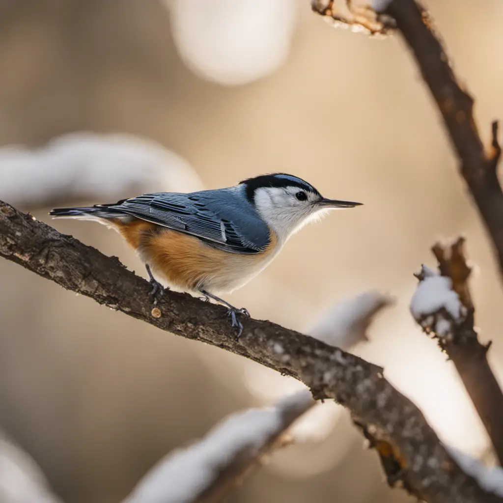 An image capturing the elegant White-breasted Nuthatch perched on a sun-dappled branch, showcasing its distinct black cap contrasting with its snowy underparts
