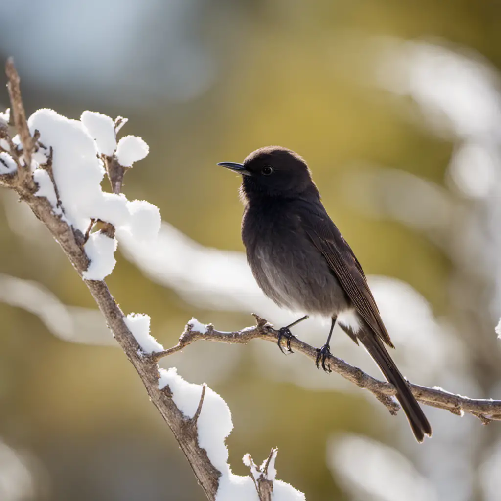 An image showcasing the elegant Black Phoebe of Texas, perched on a sun-drenched branch, its sleek black feathers contrasting against its snowy white belly