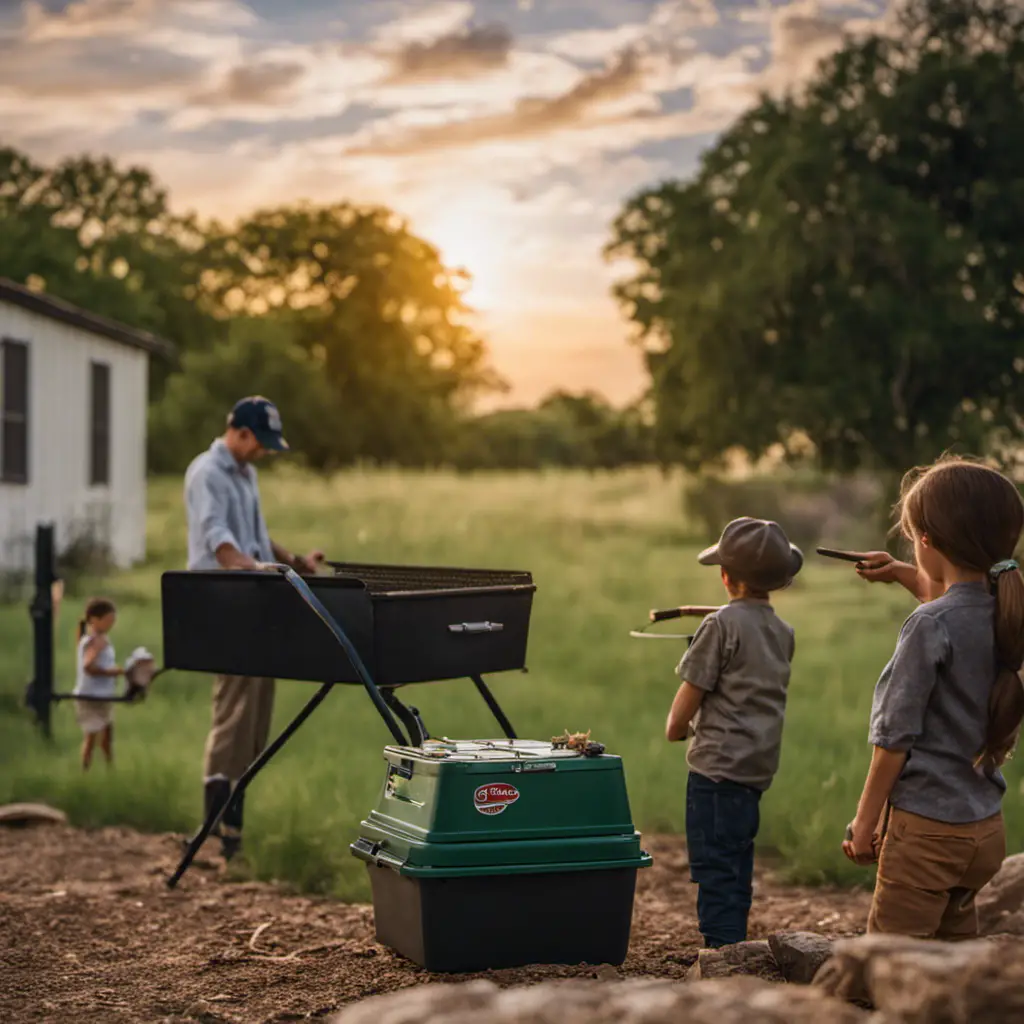 An image showcasing a Texan landscape with a family enjoying a pest-free backyard