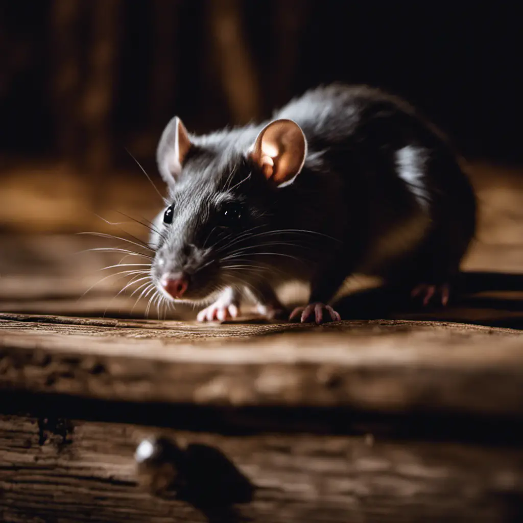 An image showcasing a resilient Texas Rat, its sleek gray fur glistening under the moonlight as it scampers through a rustic barn, its nimble paws leaving behind delicate imprints on the ancient wooden beams