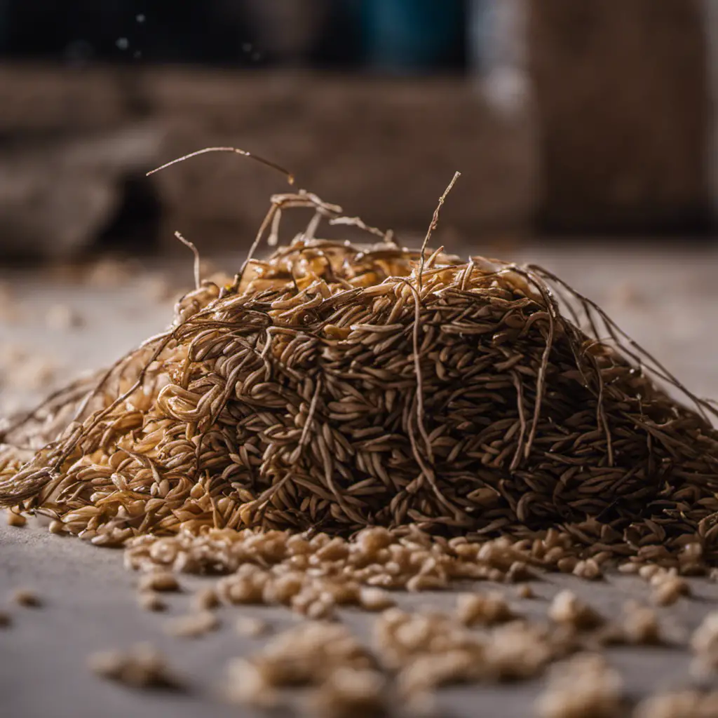 An image depicting a gnawed electrical wire near a bag of rice, with rodent droppings scattered on the floor