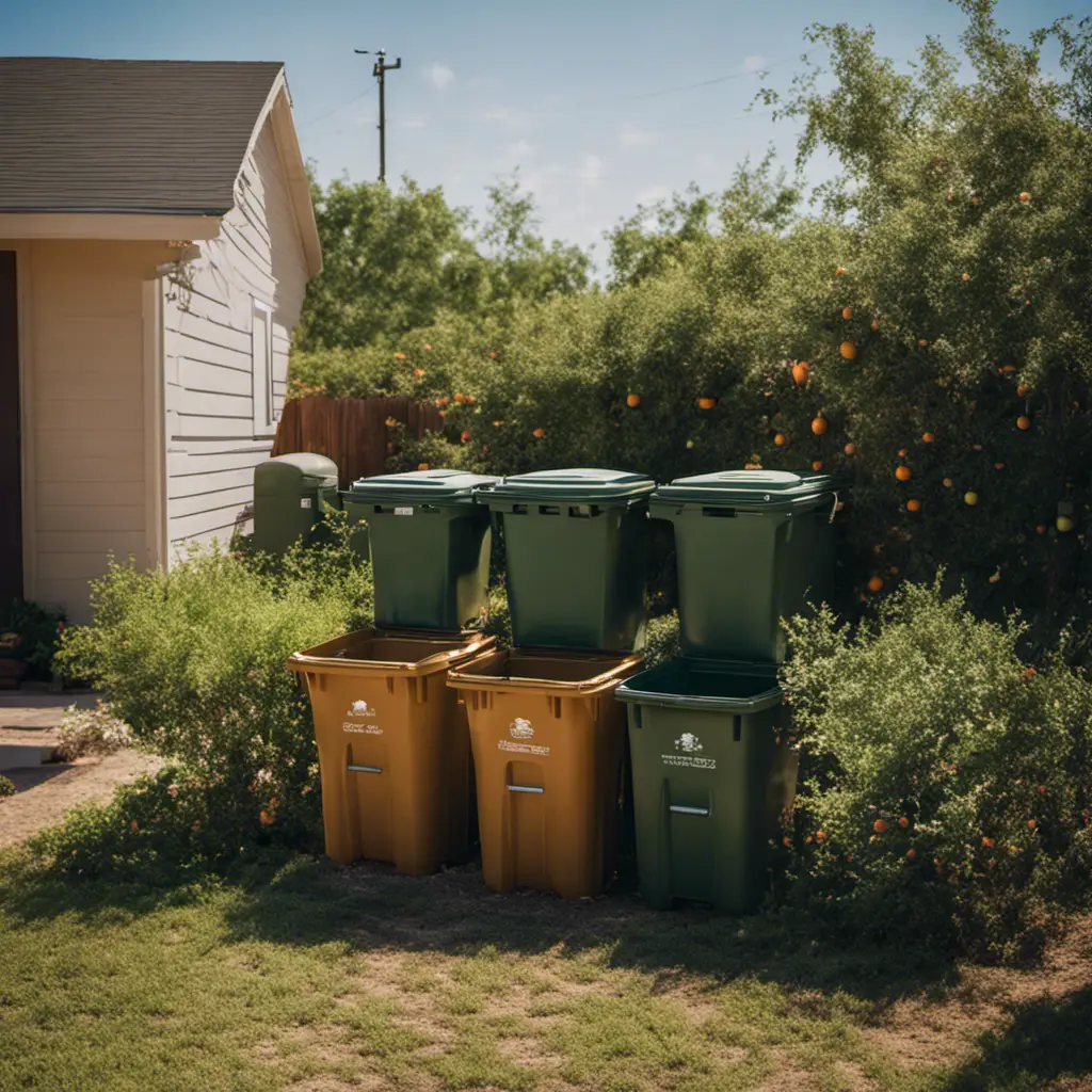 An image showcasing a tidy Texas backyard adorned with tightly sealed trash cans, fruit trees covered in bird netting, and a well-maintained compost bin, effectively eliminating all rodent attractants