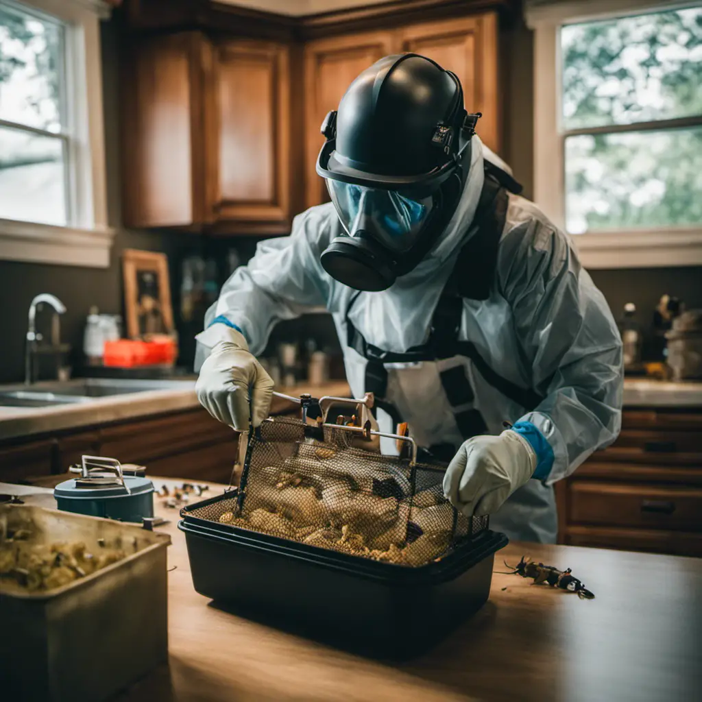 An image showcasing an exterminator in protective gear expertly setting up rodent traps inside a Texas home, while strategically placing bait stations and sealing entry points to demonstrate effective pest control methods