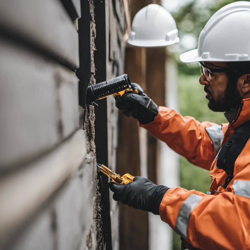 An image showcasing a close-up view of a skilled technician sealing a small gap in a Texan home's exterior wall, employing weather-resistant materials and meticulous precision to prevent rodent entry