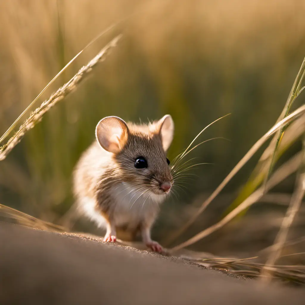 An image capturing the essence of Deer Mice in Texas: A tiny, delicate creature with large, round ears and a coat of soft, sandy-brown fur, gliding effortlessly through the tall grasses of the Lone Star State