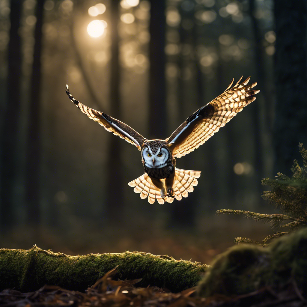 An image of an owl in mid-flight, talons extended, about to snatch a slithering snake from a moonlit forest clearing, with an emphasis on the food chain interaction