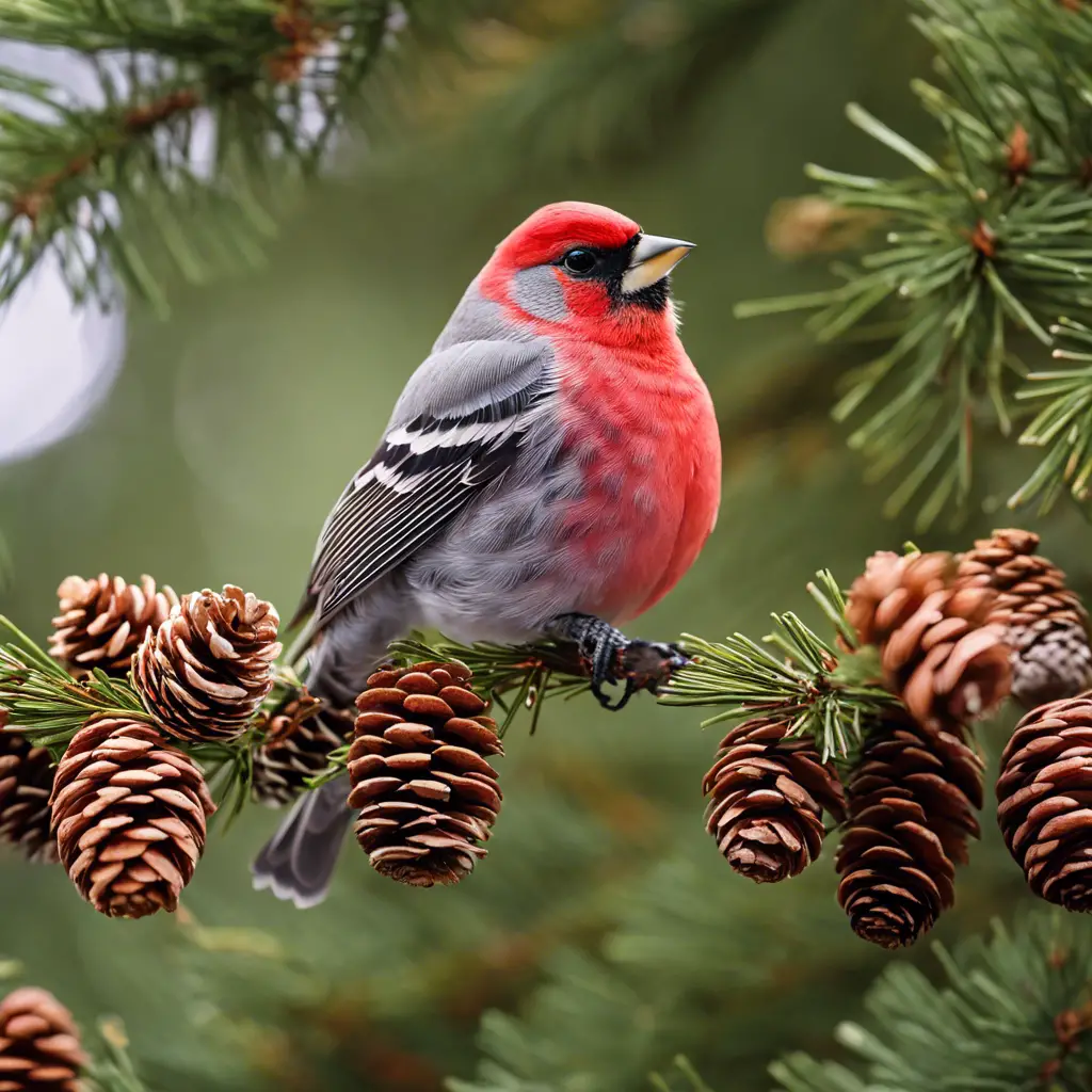 Ate a Pine Grosbeak perched on a pine branch, fluffing its vibrant red feathers amidst a backdrop of a dense coniferous California forest, with the bird pecking at a pine cone