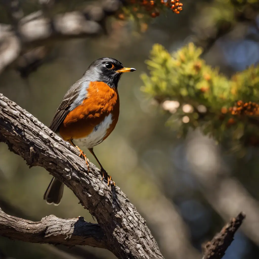 An image featuring an American Robin perched on a California live oak branch, showcasing its orange-red chest, gray back, and white throat with distinct black streaks, in a sunlit woodland setting