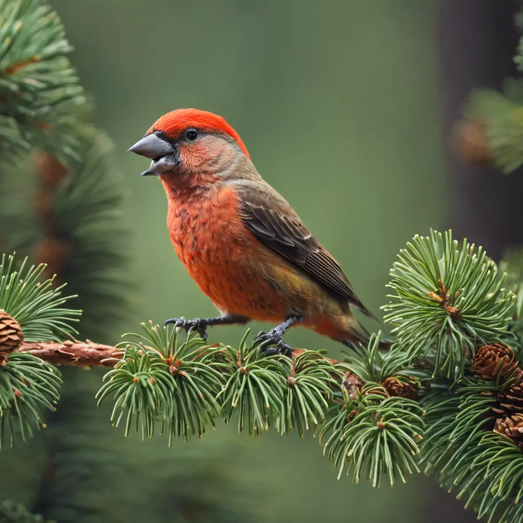 Ate a Red Crossbill perched on a pine branch, with cone seeds in its specialized beak, amidst a backdrop of Californian coniferous forest habitat