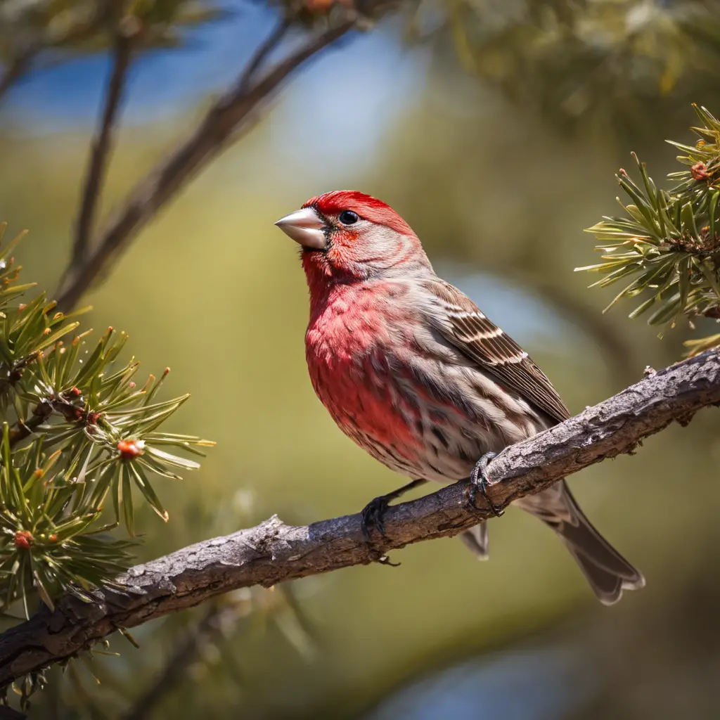 An illustration featuring a male House Finch perched on a California live oak branch, showcasing its red head and breast plumage with a backdrop of chaparral habitat