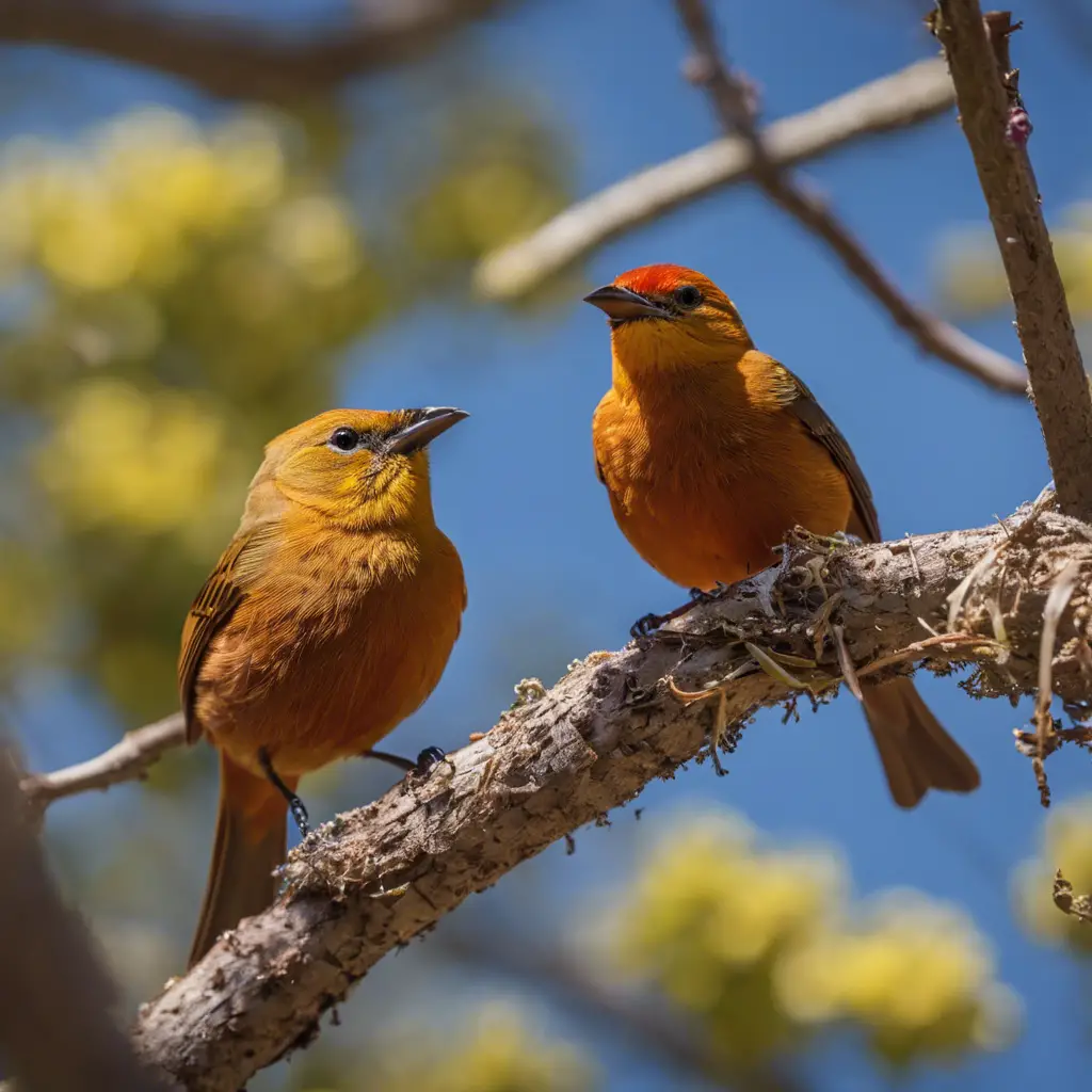 E an image of a pair of Hepatic Tanagers in a California oak woodland, with a nest containing chicks, amidst blooming wildflowers under a clear blue sky