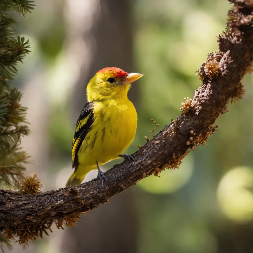 An image of a Western Tanager at different life stages—chick, juvenile, adult—in a Californian forest, depicting seasonal changes in the background