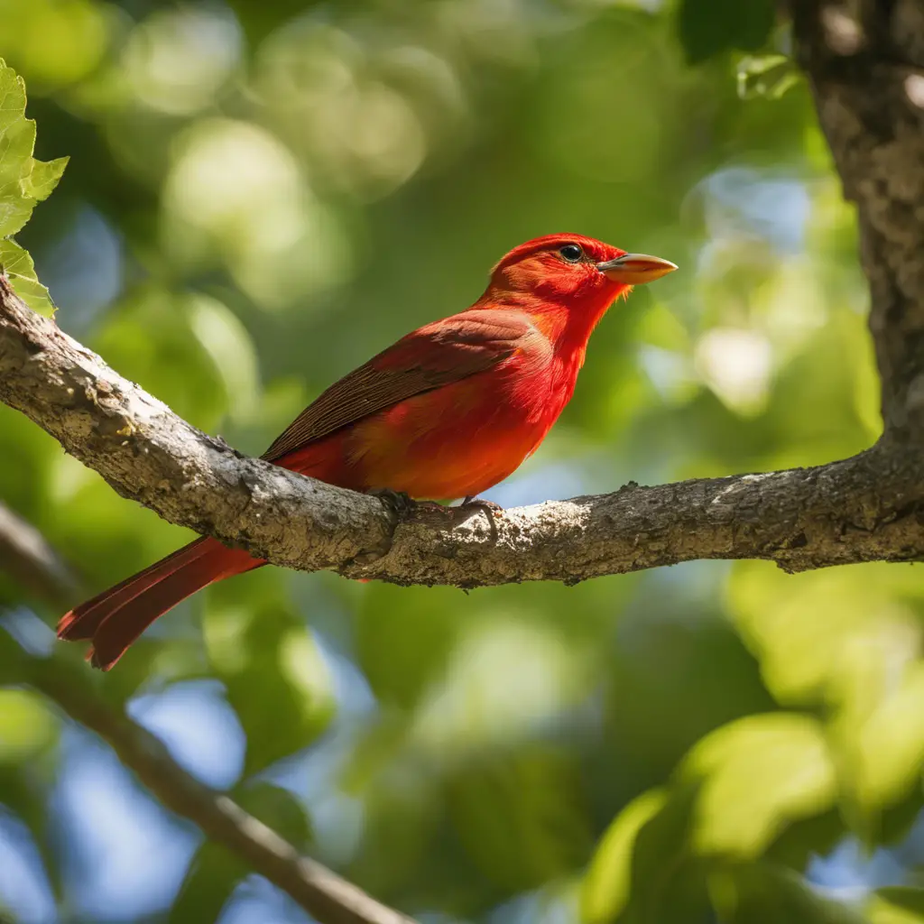 An image showing a Summer Tanager perched in a California sycamore tree, with lush green foliage, under the bright summer sun, amidst a diverse understory indicative of its natural habitat