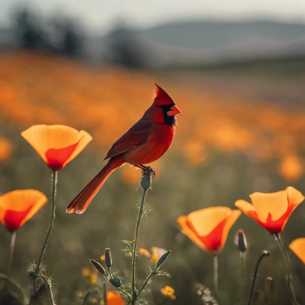 Ate a Northern Cardinal perched on a branch with the California poppy field backdrop, and a faded silhouette of another cardinal in the background, symbolizing conservation efforts