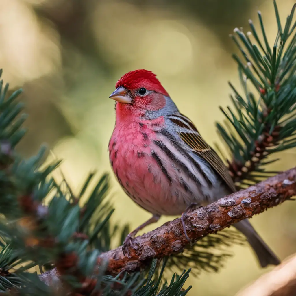 An image featuring a Cassin's Finch perched on a pine branch, showcasing its bright red crown and pinkish-red plumage contrasted against the green needles, in a sunlit Californian coniferous forest setting