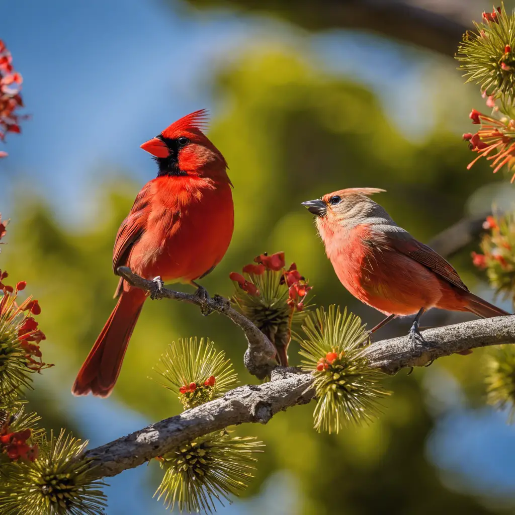 Ate a vibrant Northern Cardinal, a Scarlet Tanager, and a Vermilion Flycatcher perched on branches amidst Californian flora, under a clear blue sky