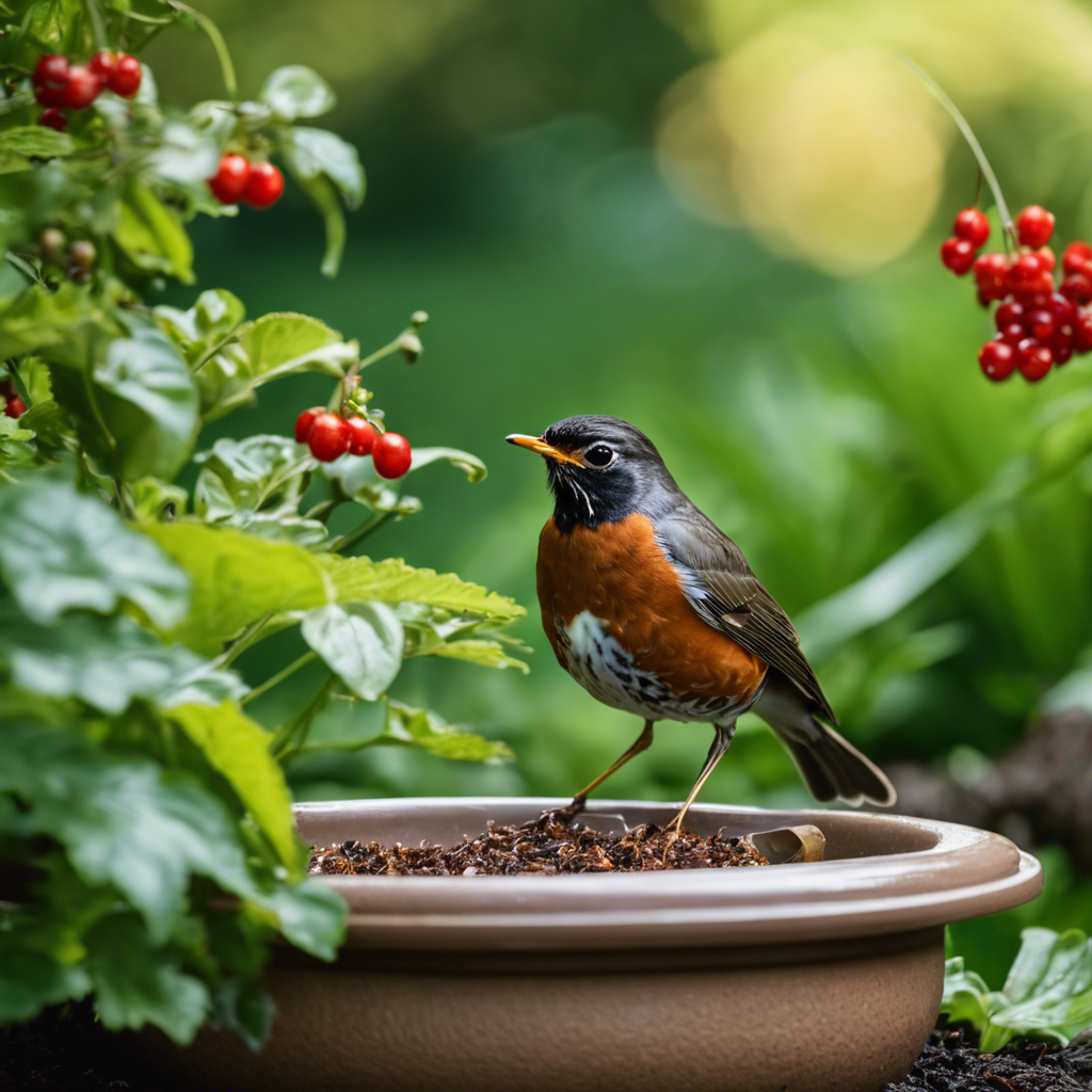 Ate an American Robin pecking at a garden, with earthworms, berries, and insects visible, amidst a backdrop of green foliage and a birdbath