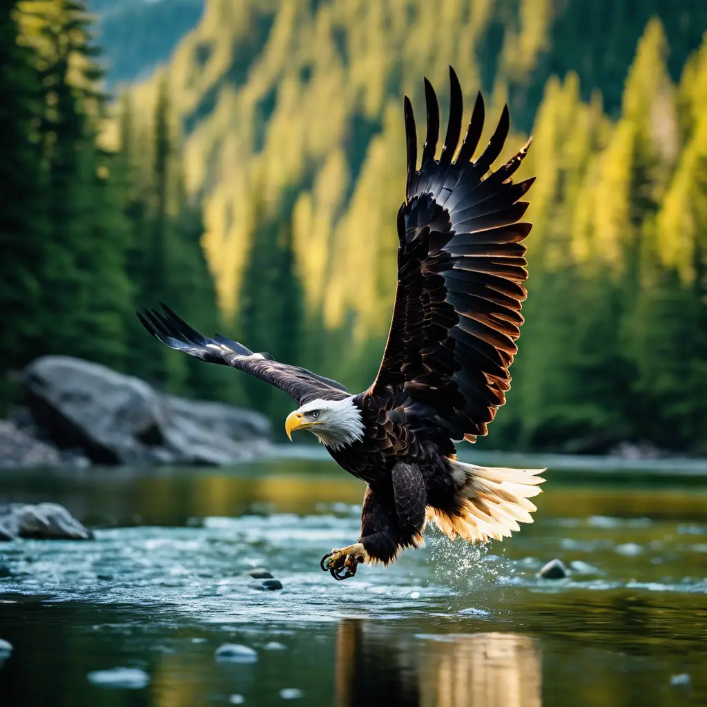 An image of a bald eagle swooping down with talons extended towards a fish in a clear, sparkling mountain river, surrounded by lush greenery and rugged terrain