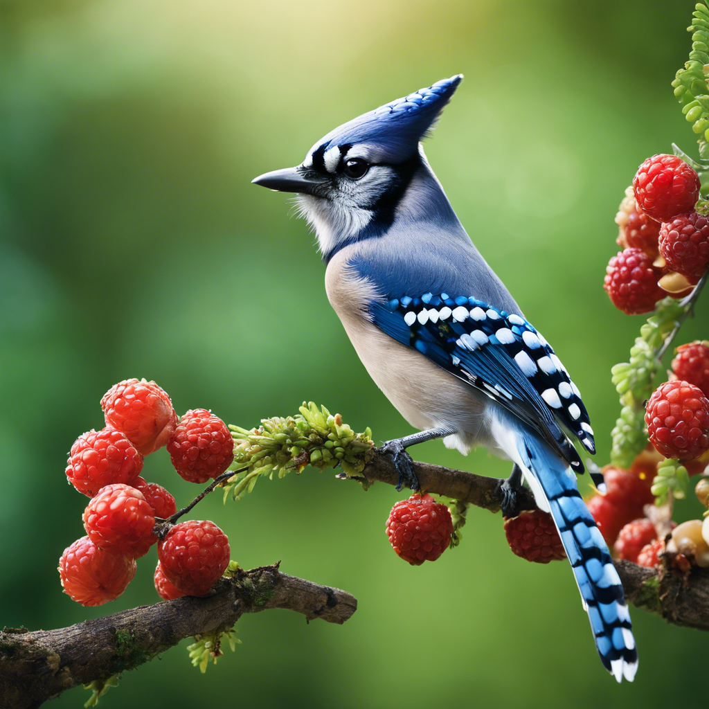 An image of a blue jay perched on a branch pecking at a mix of nuts, seeds, and berries, with a small frog and insects nearby