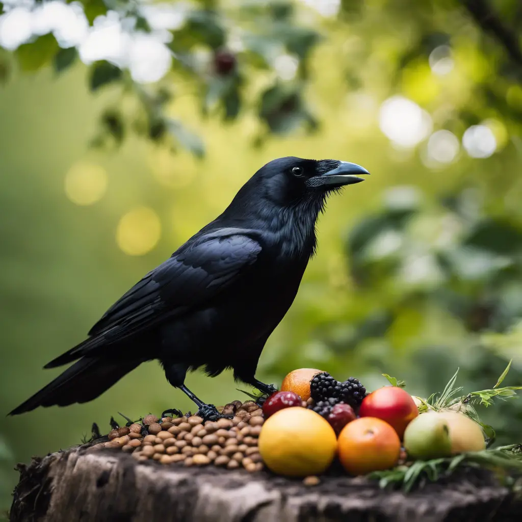 An image of a crow pecking at a variety of foods: insects, fruit, seeds, and a small reptile, surrounded by a natural environment with trees and a nest in the background