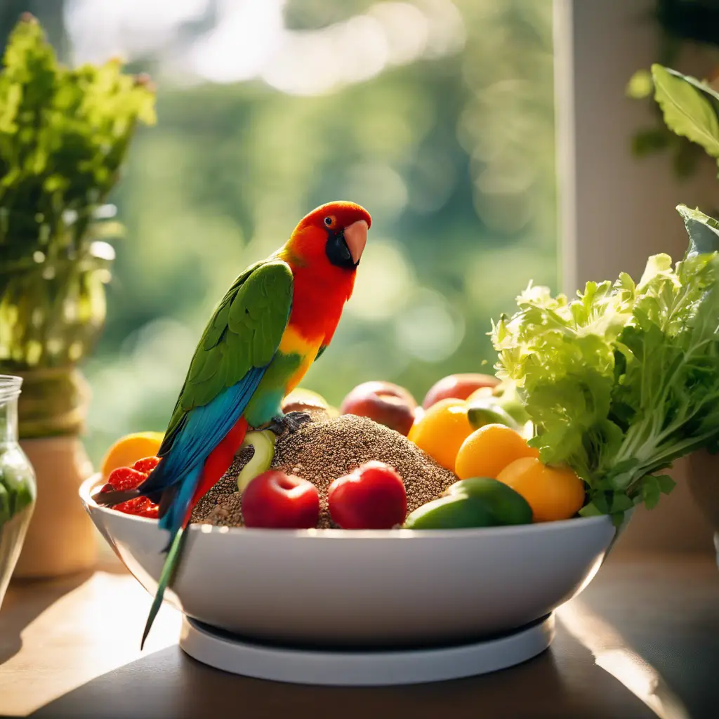 Ate two vibrant lovebirds perched on a bowl filled with a mix of seeds, fresh fruits, and green vegetables, with a water dispenser in a sunny, natural setting