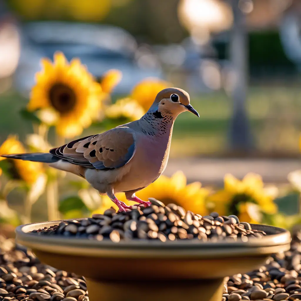 Ate a mourning dove pecking at scattered seeds on the ground with a background featuring a bird bath and a hanging feeder with sunflower seeds