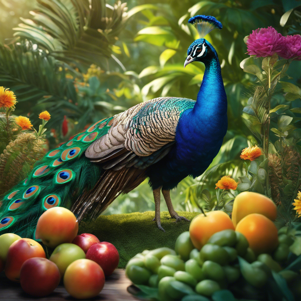 An illustration of a peacock in a lush garden, pecking at seeds, with fruits, insects, and small reptiles subtly incorporated into the scene, showcasing the variety in the peacock's diet