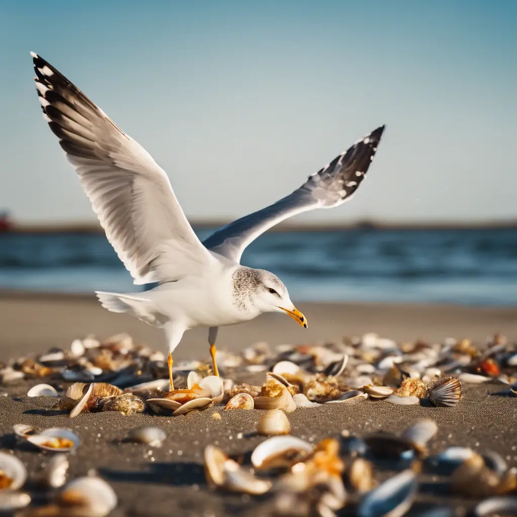Ll swooping down to snatch a fish from sparkling ocean waters, with scattered clams, crabs, and chips on a nearby sandy beach, under a clear blue sky