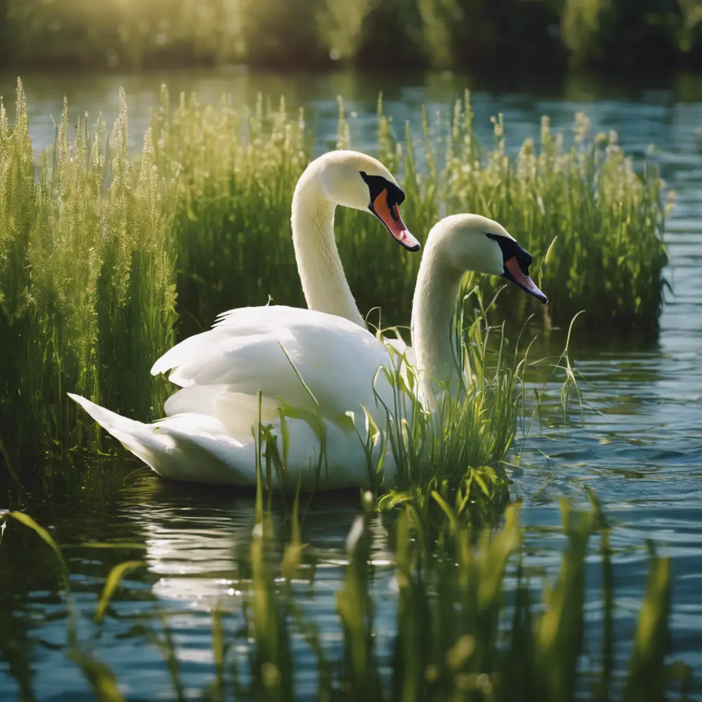 An image of swans gracefully feeding on aquatic plants, pondweed, and small fish in a serene, sunlit lake with visible underwater vegetation and scattered grains on the surface
