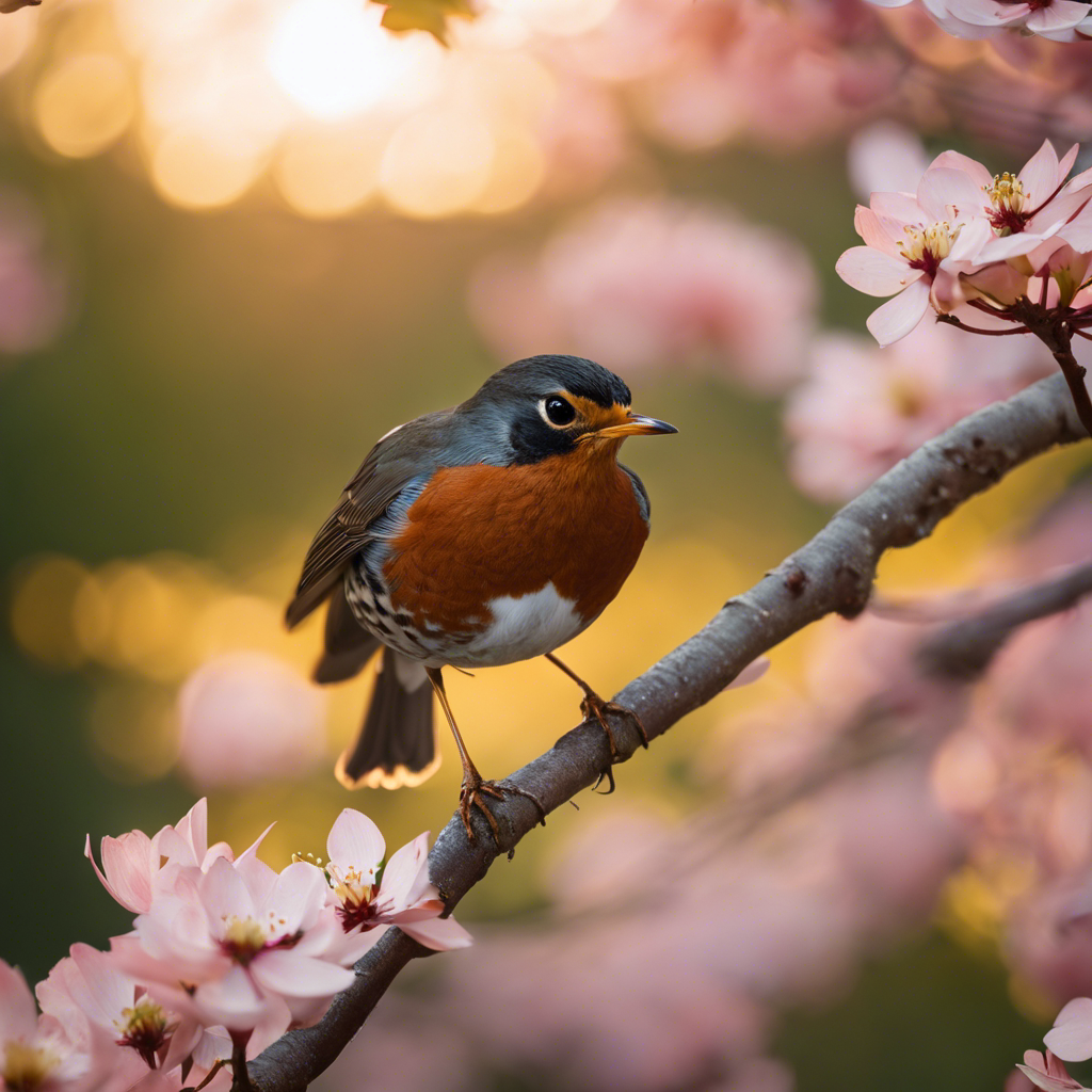 Stic American Robin perched on a blooming dogwood branch, with a soft-focus background of a typical North American suburban garden at dawn