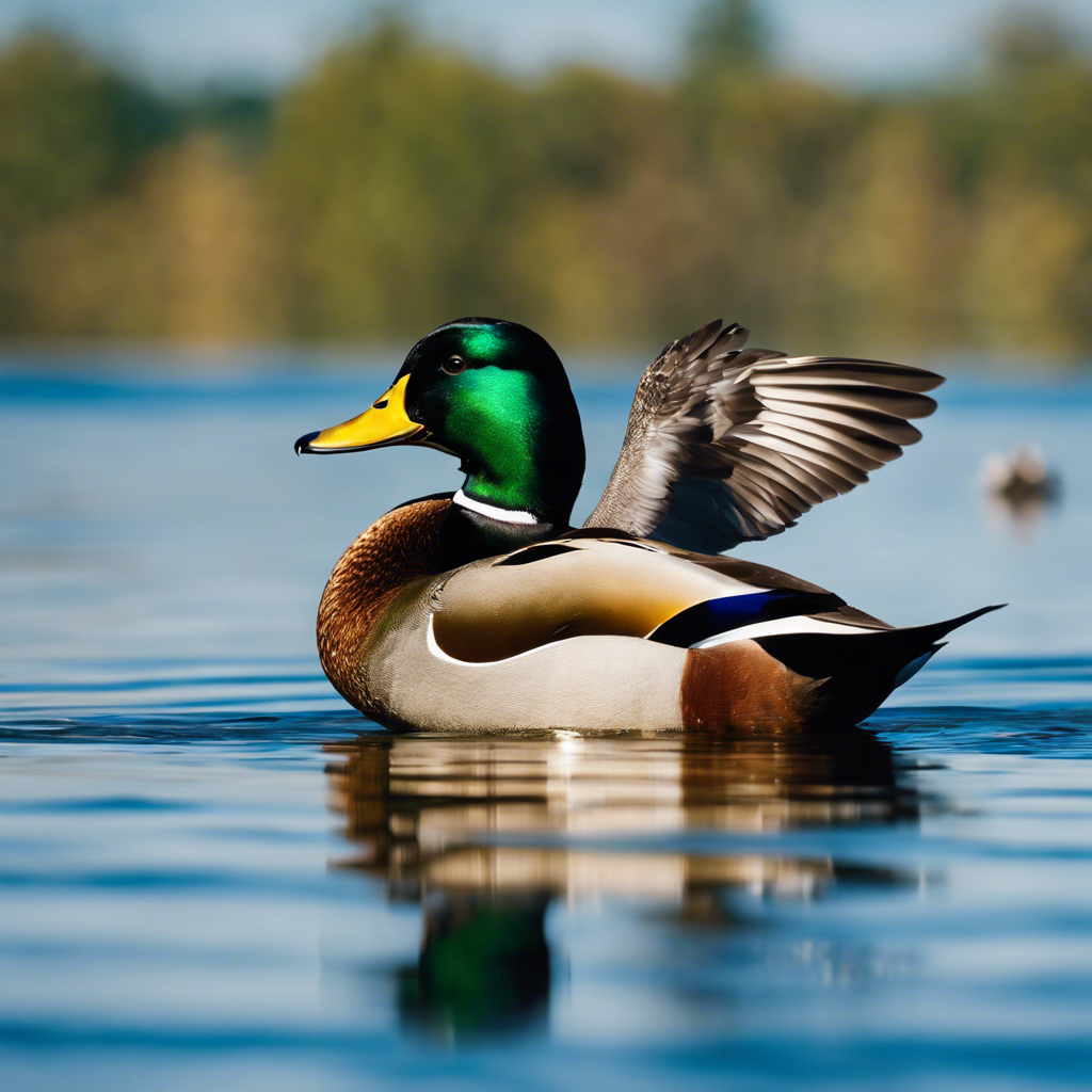 An image featuring a male mallard duck in vibrant breeding plumage, floating on a serene lake, with common North American birds flying above in a clear blue sky