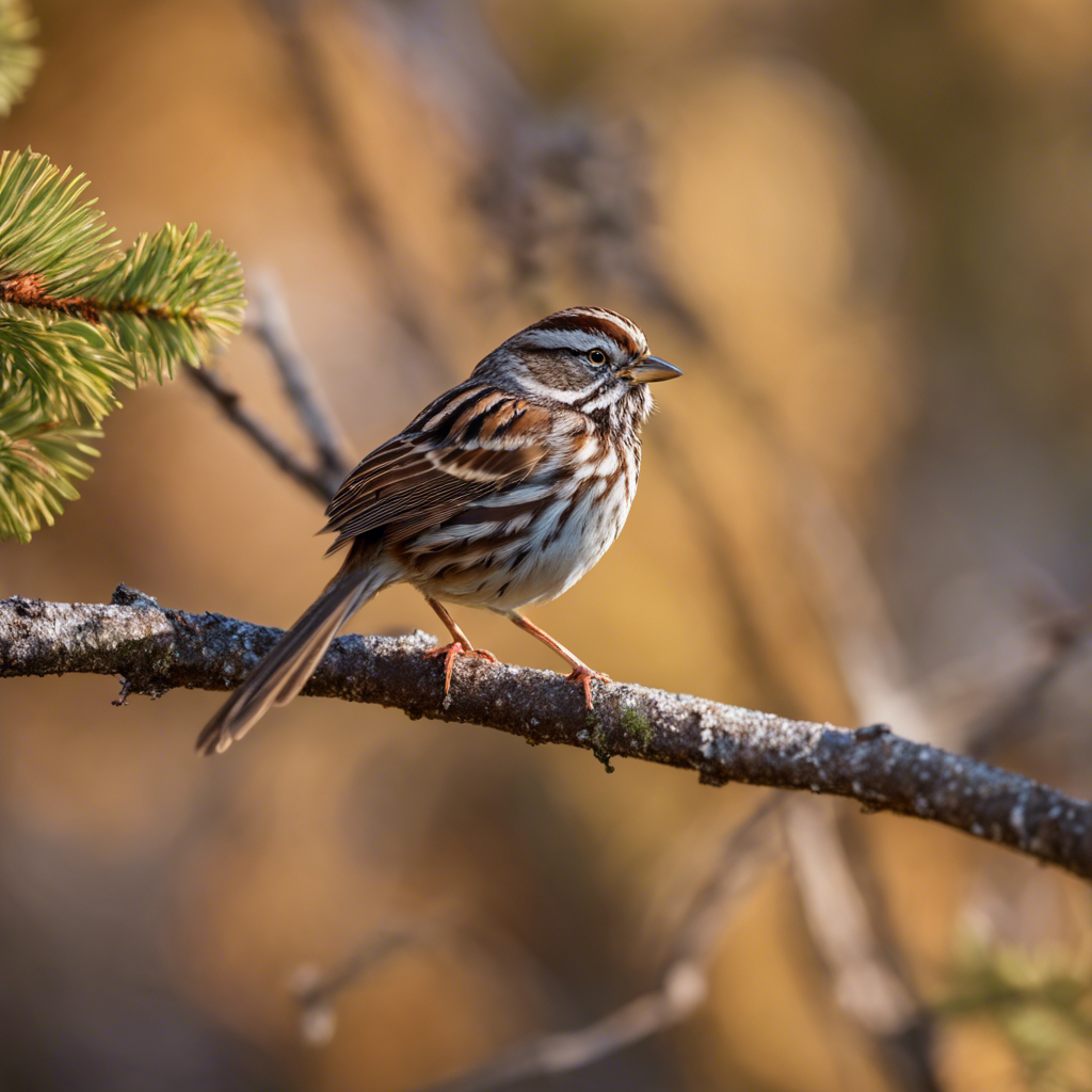 An image of a song sparrow perched on a branch with a soft-focus background of mixed North American trees, showcasing its brown, streaky plumage and a hint of movement, as if singing