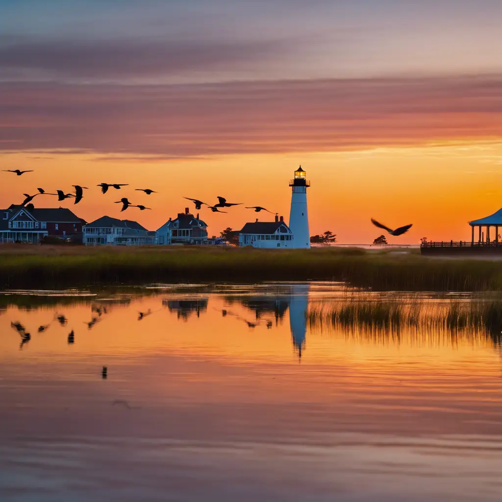 An image of Cape May at sunrise with diverse bird species in flight, silhouetted against a vibrant sky, over coastal wetlands with iconic lighthouses and birdwatchers with cameras on the foreground