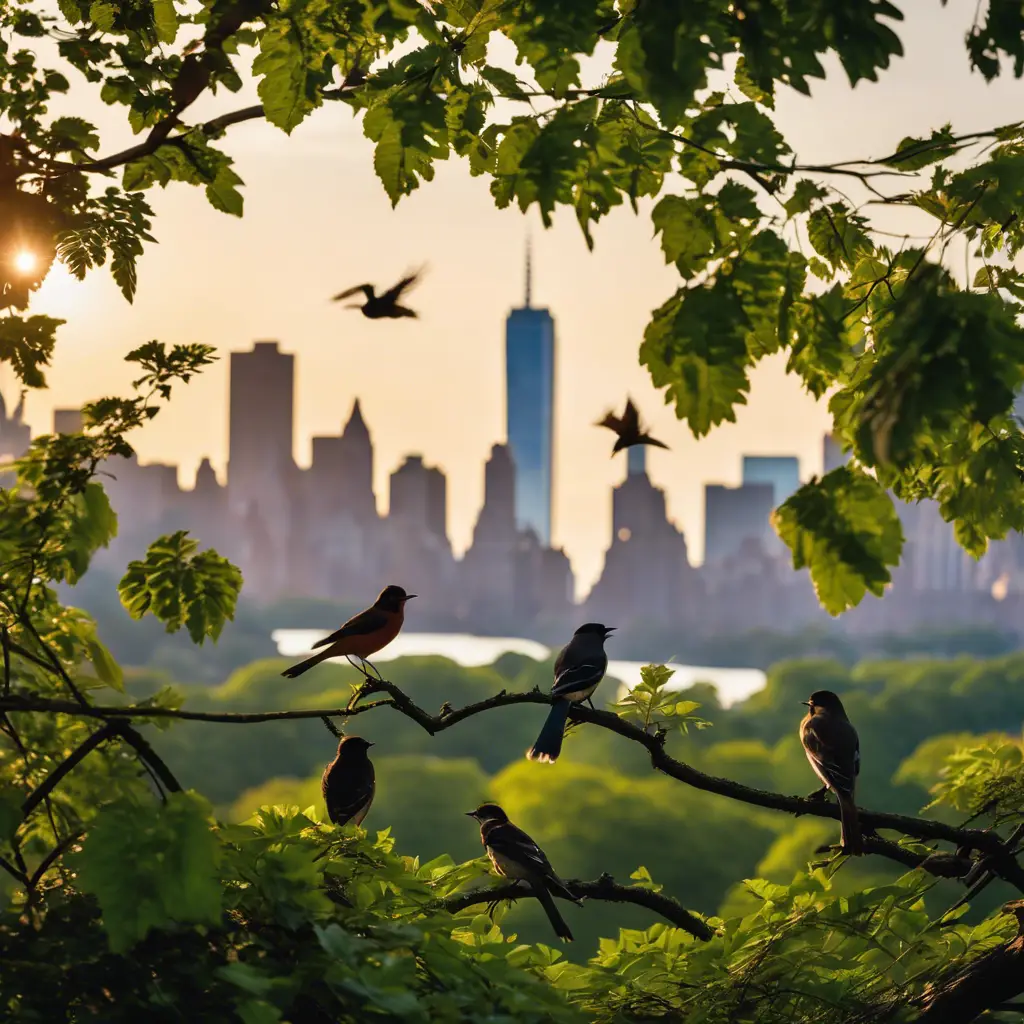 An image featuring a diverse array of birds perched in Central Park's lush foliage with the NYC skyline silhouetted in the early morning light