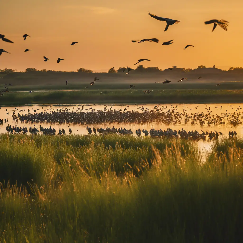 An image featuring a diverse flock of migratory birds descending upon the lush, serene wetlands of Toledo during golden hour, with a prominent birdwatcher's hide nestled subtly in the scene
