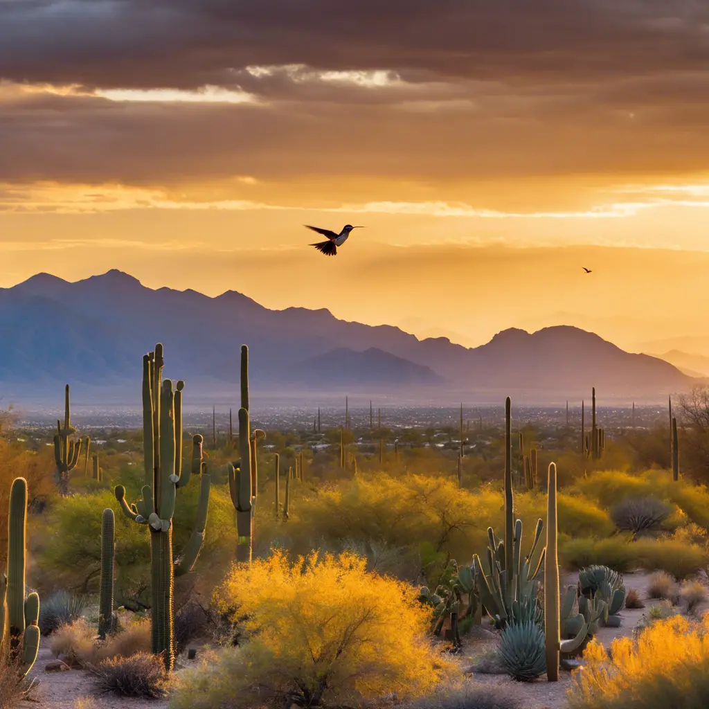 An image showcasing the diverse birdlife of Tucson's desert, featuring saguaro cacti, the Santa Catalina Mountains in the background, and a vibrant sunrise casting golden light on a hummingbird in flight