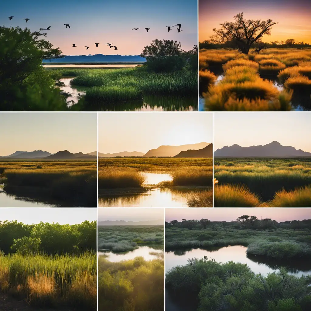 A collage of diverse Texan landscapes, showcasing different habitats: coastal wetlands, lush forests, desert scenes, and rolling prairies, each with silhouettes of native birds in flight or perched